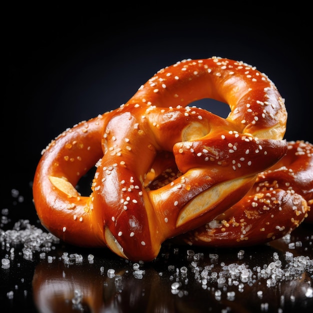 Pretzels crujientes frescos con sal sobre fondo oscuro IA generativa