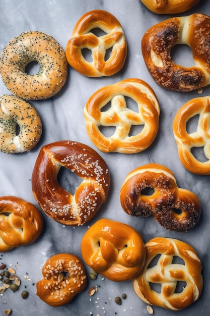 pretzels pasteles horneados con varios ingredientes en una mesa de mármol