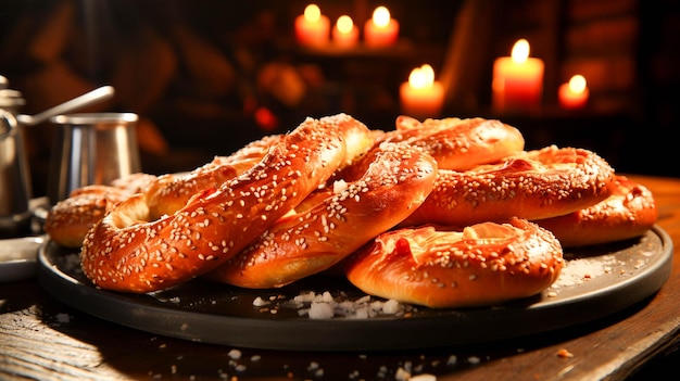 Pretzels recién horneados en una mesa rústica de madera, un refrigerio gourmet