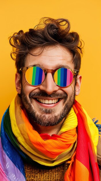 Foto pride-monat ein homosexueller mit brille und lgbtq-farbkleidung