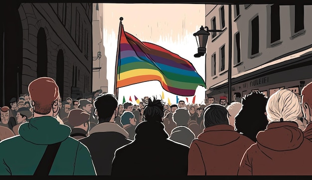 Pride Month LGBT-Flagge und vielfältige Gruppe von Menschen Generative ai