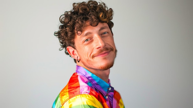 Foto pride persona homem gay de cabelos rizados com listras de arco-íris