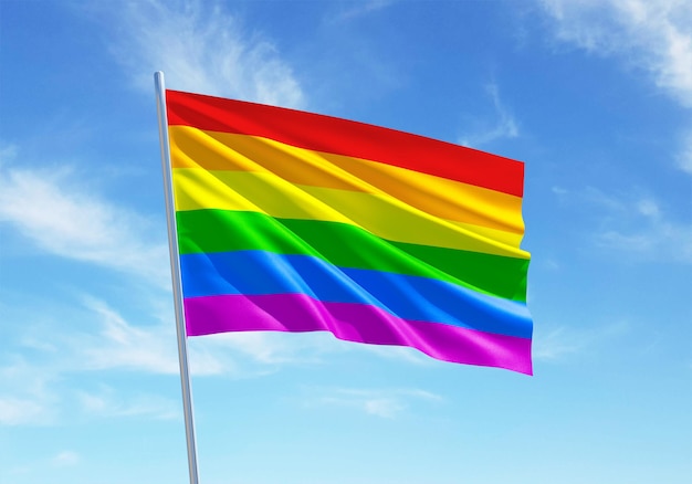 Pride-Regenbogenfahne weht vor blauem Himmel zum LGBTQIA-Pride-Monat, Sexualität, Freiheit, Liebe, Vielfalt, Feier und Kampf für Menschenrechte in 3D-Illustration