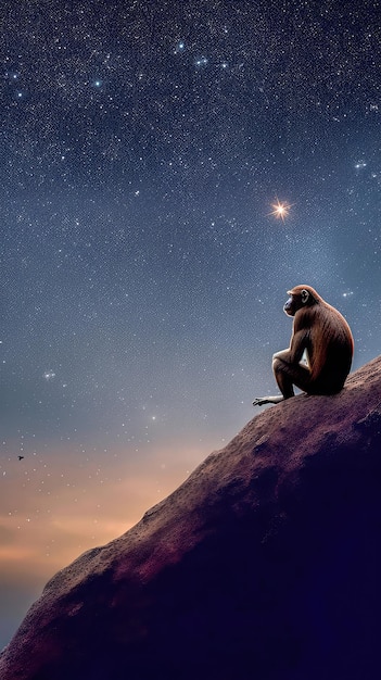 Foto el primate incubador se sienta en la cima de un acantilado contemplando una sinfonía cósmica filosófica inteligente ia generativa