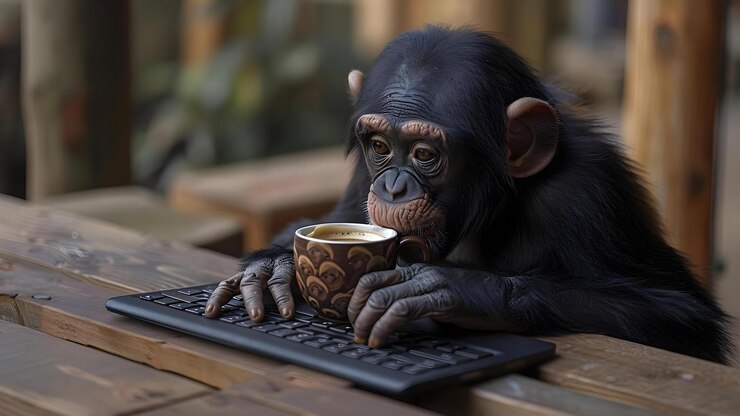 Foto un primate inteligente escribiendo y bebiendo café inteligencia en el reino animal concepto inteligencia animal comportamiento de los primates hábitos de consumo de café