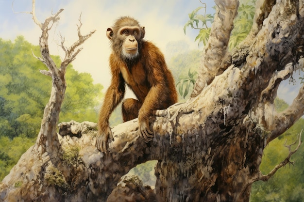 Primate prehistórico procónsul en su entorno natural exuberante y boscoso