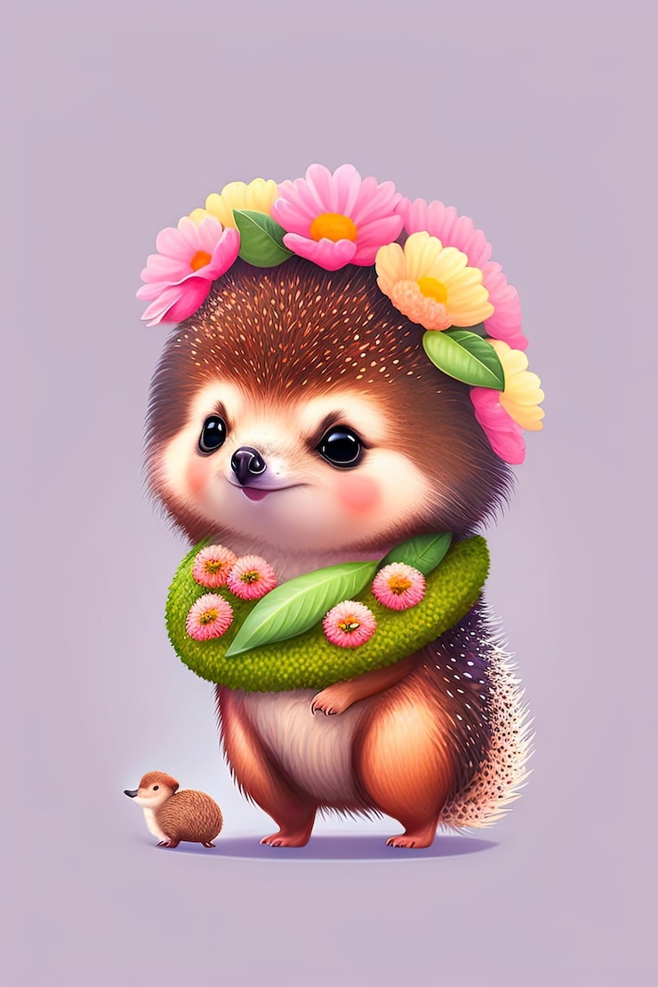 Foto primavera adorável bebê ouriço vestindo uma coroa de flores