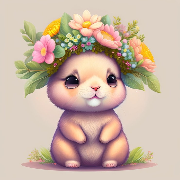 Foto primavera adorável coelho bebê vestindo uma coroa de flores