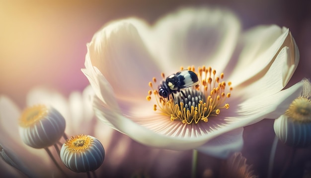 Primavera blanca de ensueño anémona flor hierba mariquita mariposa primer plano contra la luz del sol panorama