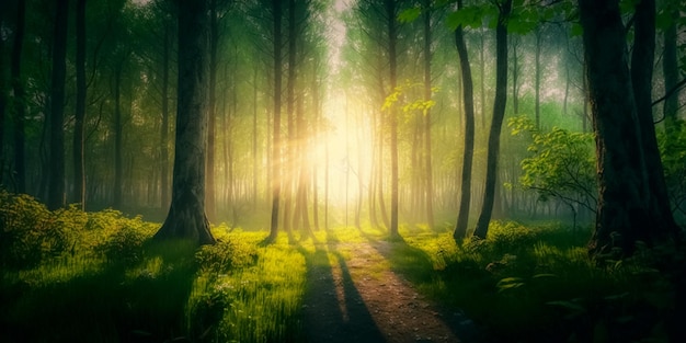 primavera bosque árboles naturaleza verde madera luz del sol fondos generativo ai