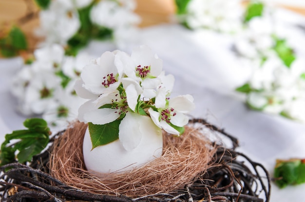 Foto primavera composición de pascua de flores en un huevo blanco en un nido de ramas sobre mantel gris.