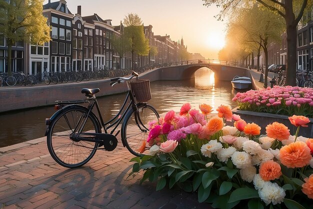 Primavera de Amsterdã Deslumbrante Nascer do Sol Flores e Bicicletas