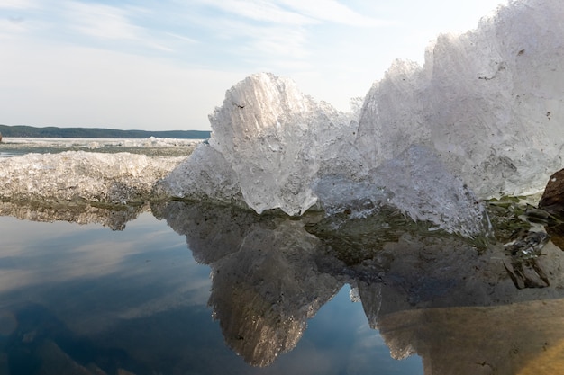 Primavera derretimiento del hielo en el lago, reflejo del hielo en el agua, antes de la puesta del sol, papel tapiz, postal, fondo.