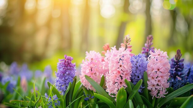 Primavera em floresta com flores cor-de-rosa e roxa