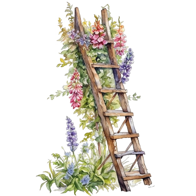 Primavera floral jardín escalera acuarela ilustración primavera clipart