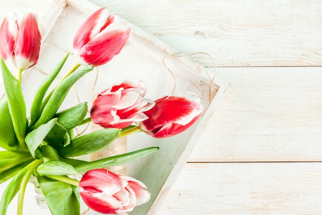 Primavera . Florece tulipanes en un tarro de cristal de albañil, en blanco de madera. vista superior
