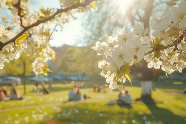 La primavera florecen los árboles el sol se refleja la felicidad