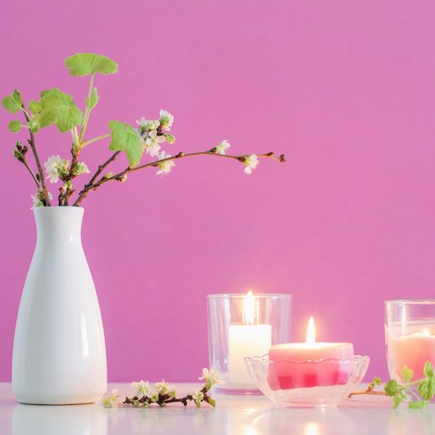 Primavera flores de cerejeira e velas em fundo rosa