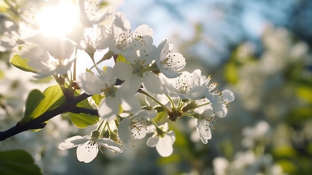 Primavera florescendo flores brancas e luz solar no céu IA generativa