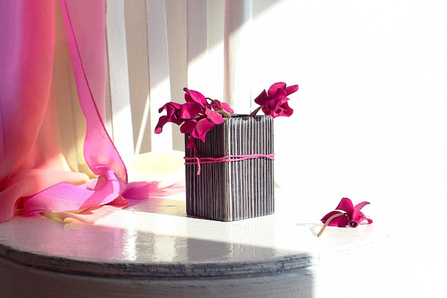 Primavera natureza morta um buquê de flores de ciclâmen em um vaso de madeira um lenço de luz multicolorido uma cadeira branca sombras de objetos