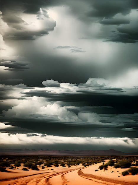 Primavera no deserto com tempestade duotônica realista e cinematográfica AI gerada