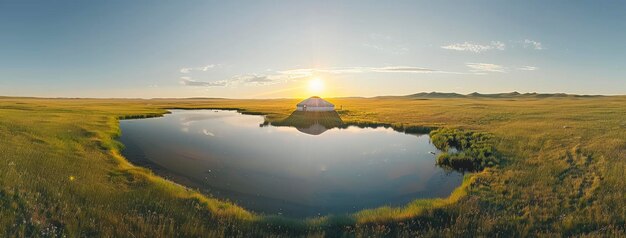 Primavera no lago steppe yurt cedo de manhã luz incrivelmente grande ângulo de vista de cima