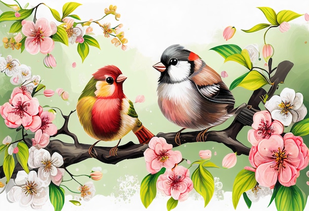 Primavera con pájaros flores xAon ramas en el jardín ilustración AI es generativa