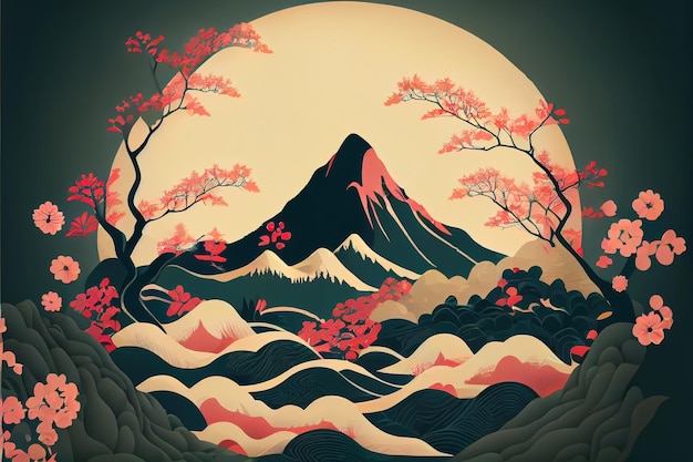 Primavera de pintura china tradicional en la ilustración de las montañas IA generativa
