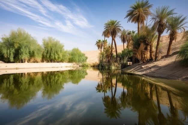 Primavera con reflejo en un oasis tranquilo rodeado de desierto creado con ai generativo