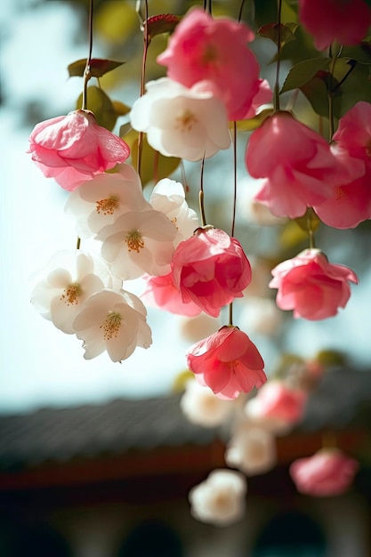 Primavera súper real muchas flores de manzano de seda rosa y blanco colgando en el estante pétalos de rosa y blanco cielo azul generat ai