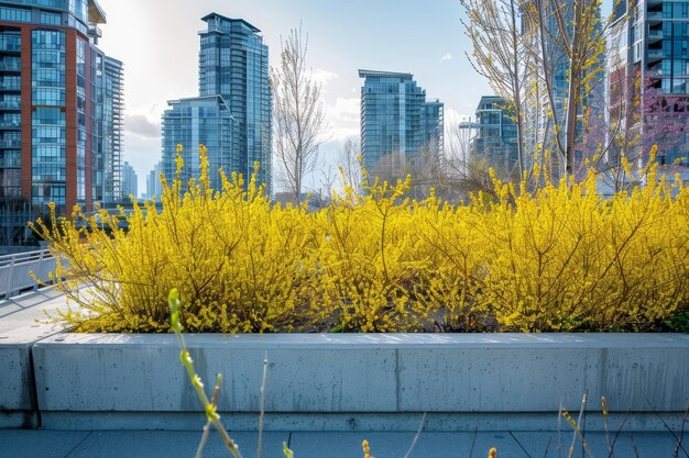 Foto primavera urbana el amarillo brillante de los arbustos de forsythia contra el hormigón de la ciudad
