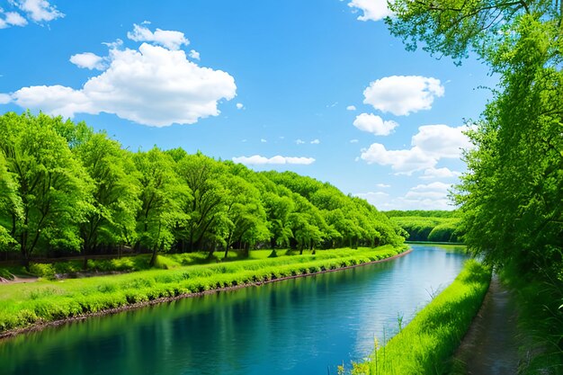 Primavera verano paisaje cielo azul nubes río barco árboles verdes