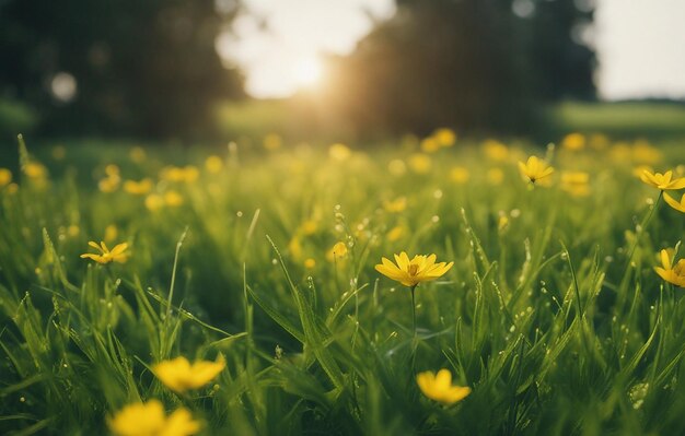 Primavera verão fundo natural grama verde jovem suculenta e flores amarelas selvagens