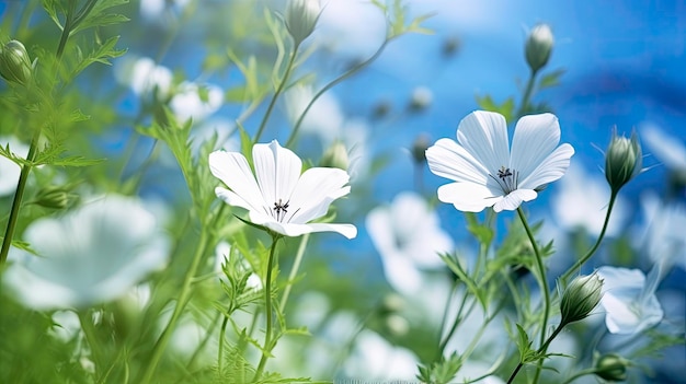 Primavera verão plantas de flores naturais fundo texturizado azul e branco