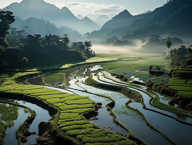 Primavera vibrante Guangxi Paddy Field Village bañada por la luz del sol