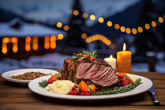 Prime Ribs com puré de batata para o jantar de Natal na mesa de madeira e decoração de configuração ao ar livre