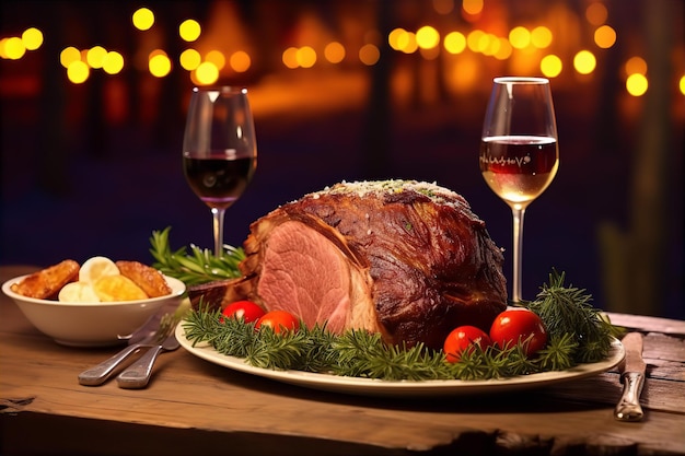 Prime Ribs com puré de batata para o jantar de Natal na mesa de madeira e decoração de configuração ao ar livre