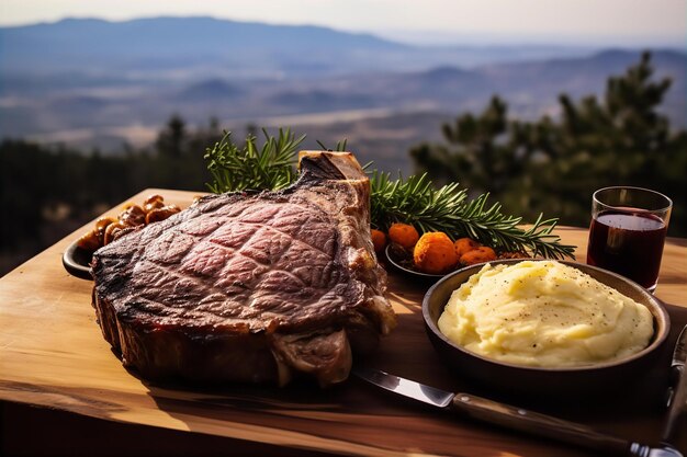 Prime Ribs mit Kartoffelpüree zum Weihnachtsessen auf dem Holztisch und zur Dekoration im Freien