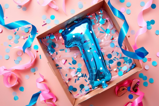 Foto primeira caixa de presente de aniversário com balão de números dentro de confeti e fitas em um fundo pastel