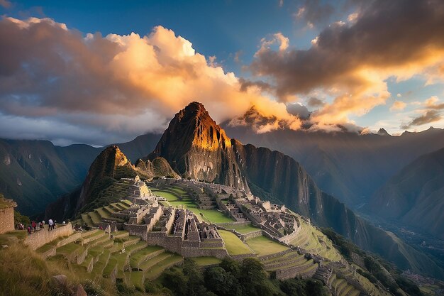 Primeira luz do sol em machu picchu das nuvens que se abrem