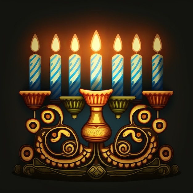 Primeiro dia de Hanukkah com queima de velas coloridas de Hanukkah em Menorah Generative Ai