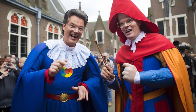 Foto primeiro-ministro rutte als sinterklaas e geert wilders als zwarte piet