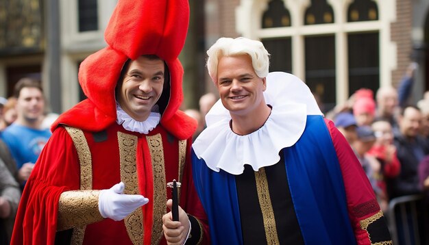 Foto primeiro-ministro rutte als sinterklaas en geert wilders als zwarte piet