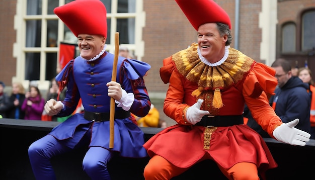 Primeiro-ministro Rutte als Sinterklaas en Geert wilders als zwarte piet