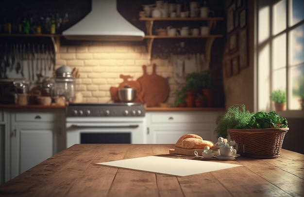 Foto primeiro plano da mesa de madeira e fundo desfocado da cozinha ia generativa