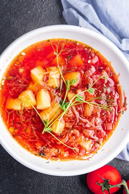 Primeiro prato legumes tomate sopa borscht carne carne de porco carne frango caldo vermelho beterraba refeição fresca