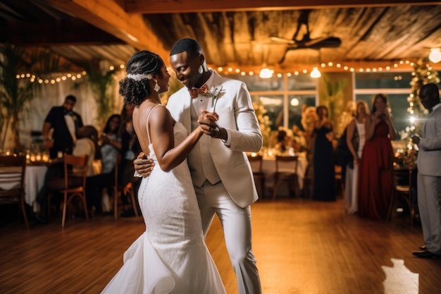 Primer baile de bodas de una pareja de recién casados afroamericanos IA generativa