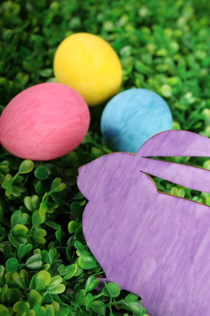 Primer conejito con coloridos huevos de Pascua sobre hierba verde