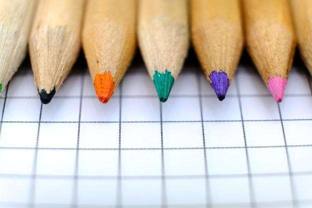 Primer conjunto de lápices multicolores en la hoja de papel a cuadros del cuaderno para el dibujo. Concepto de regreso a la escuela.