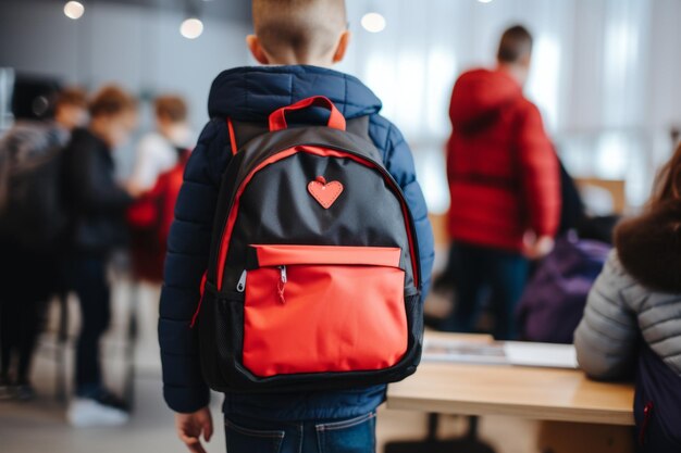 Foto primer día de grupo de escuela primaria niños pequeños escolares alumnos estudiantes juntos yendo a la universidad